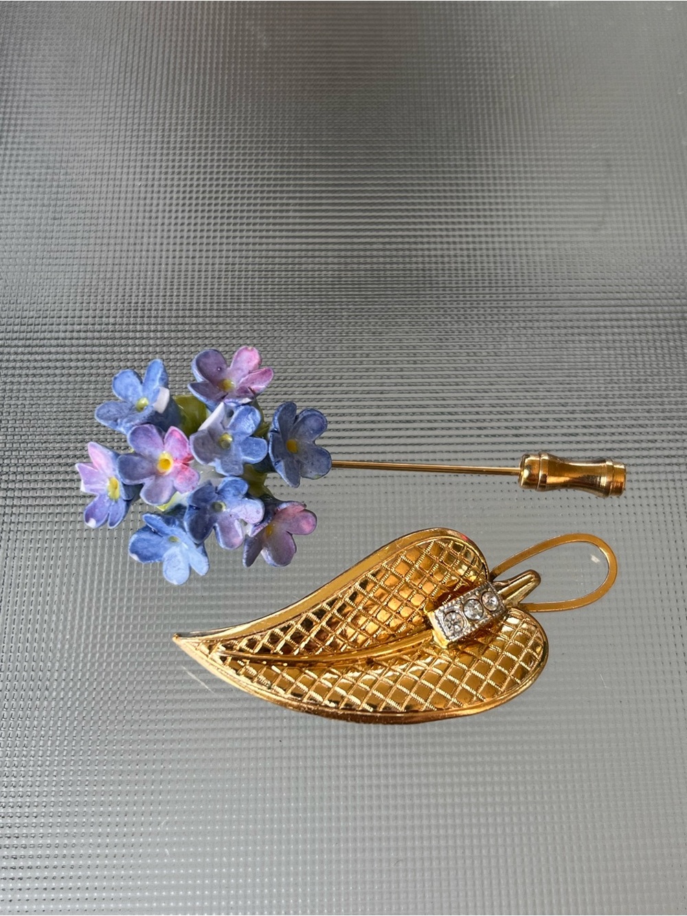 Vintage Floral Bouquet Stick Pin & Rhinestone Leaf Brooch Set